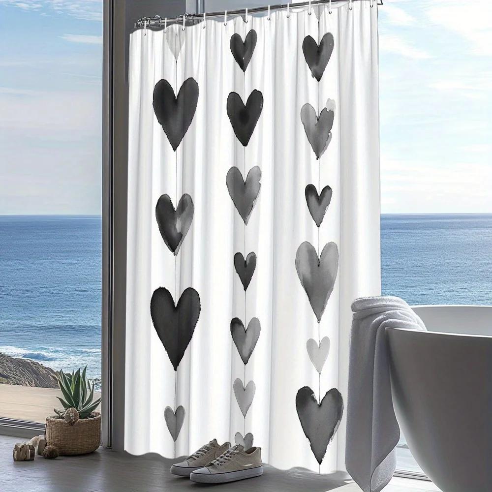 

1pc Minimalist Black Heart Shower Curtain - Romantic Love Motif, Vertical Pattern, 70x70 Inch, Polyester Fabric, Includes 12 Hoo