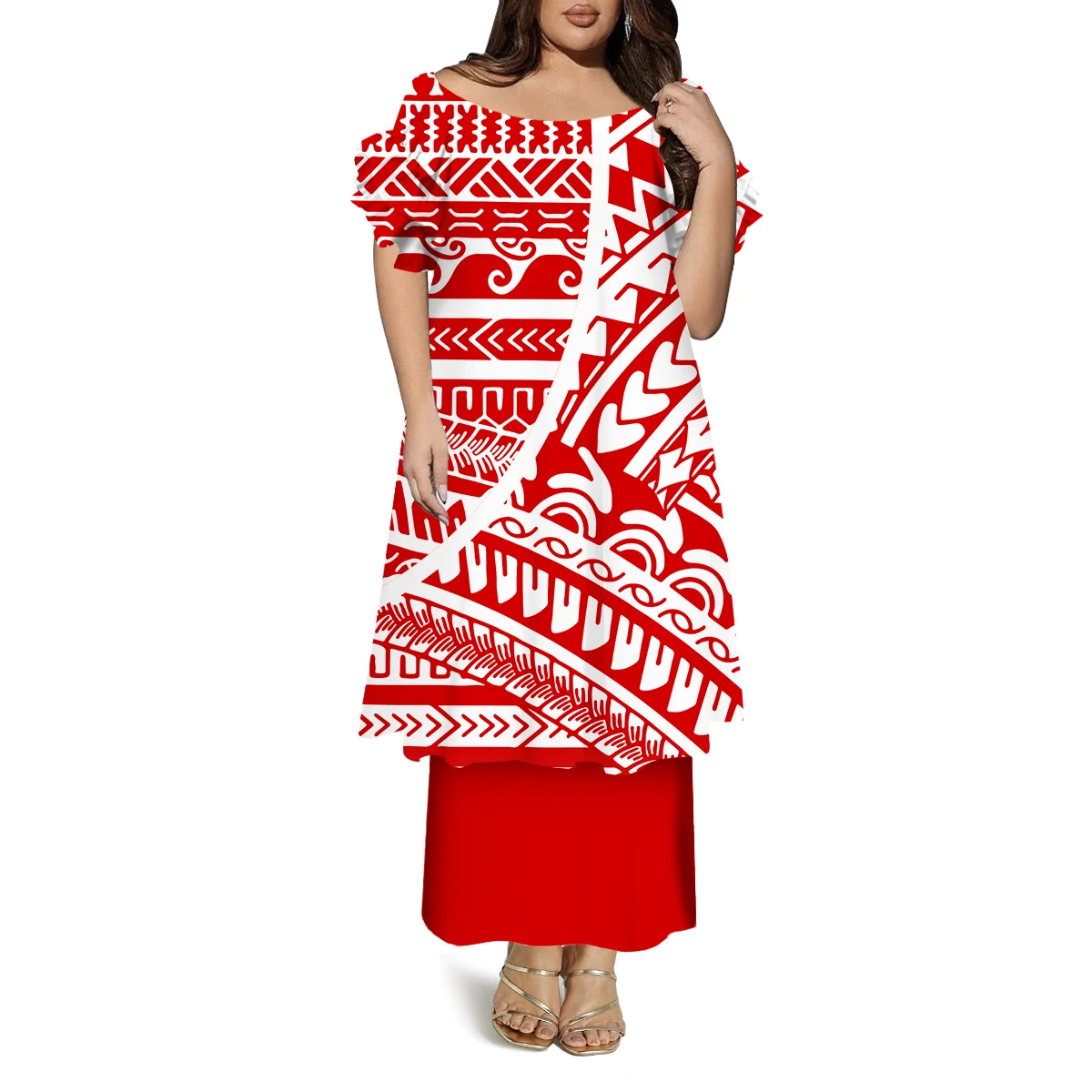 Vestido casual polinésio de camada dupla feito sob medida com gola redonda e manga borboleta com padrões confortáveis macios e soltos