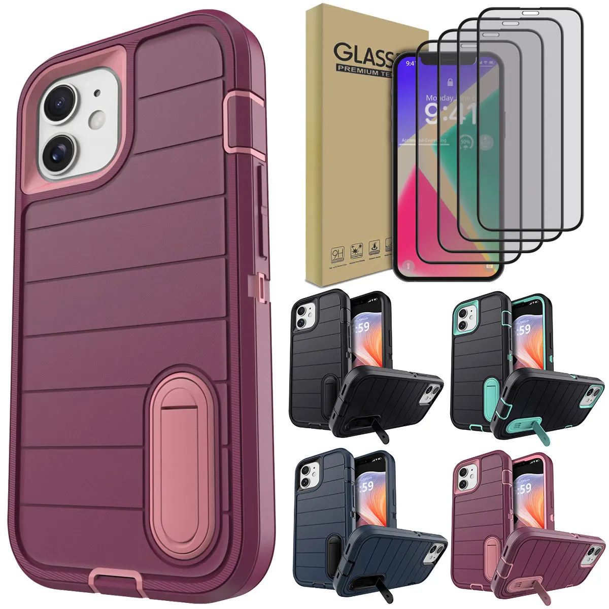 

For iPhone 12/Pro/Pro Max Phone Case Kickstand Cover And 4pcs Full Coverage Tempered Glass Screen Protectors Case Friendly Clear