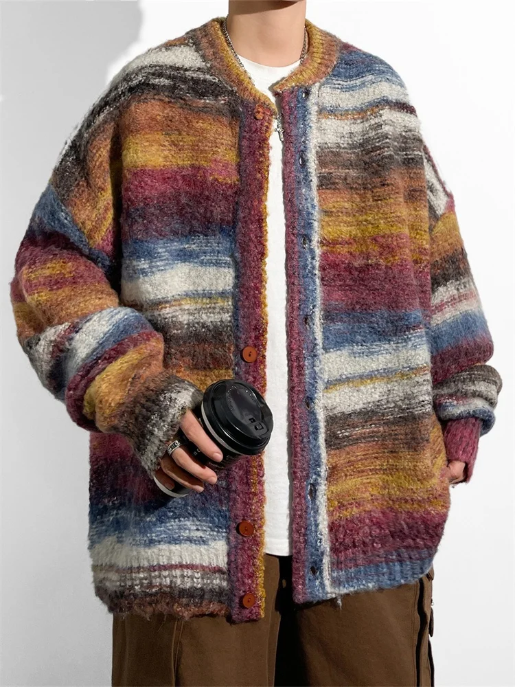 

Autumn Winter New Style Men's Knitted Sweater round Neck Retro Stripes Loose Fit Open Cardigan Fashionable Versatile Youthful