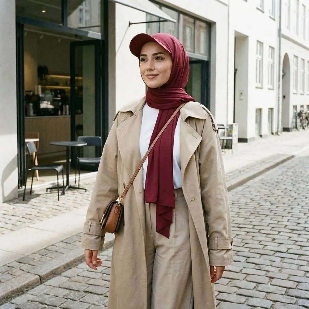 

Stylish Solid Color Brim Bandana Cap Simple Adjustable Hijab Shawl Hat Breathable Polyester Sun Visor Turban Daily Wear