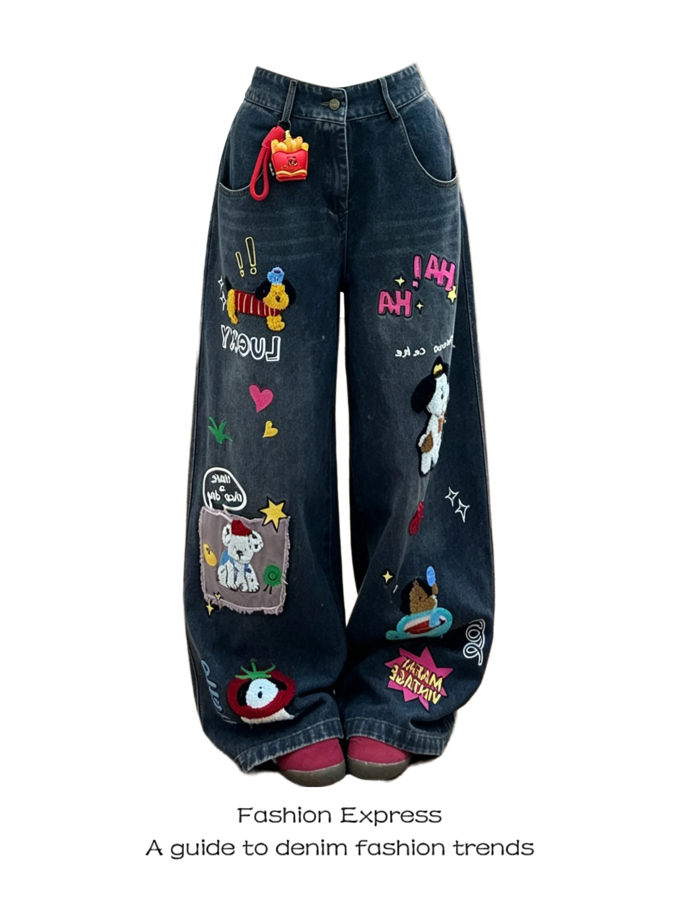 

Cartoon Embroidered Wide Leg Jeans Loose Fit Women's 2026 New Style Age-Defying Fun American Slimming Versatile Straight Leg ...