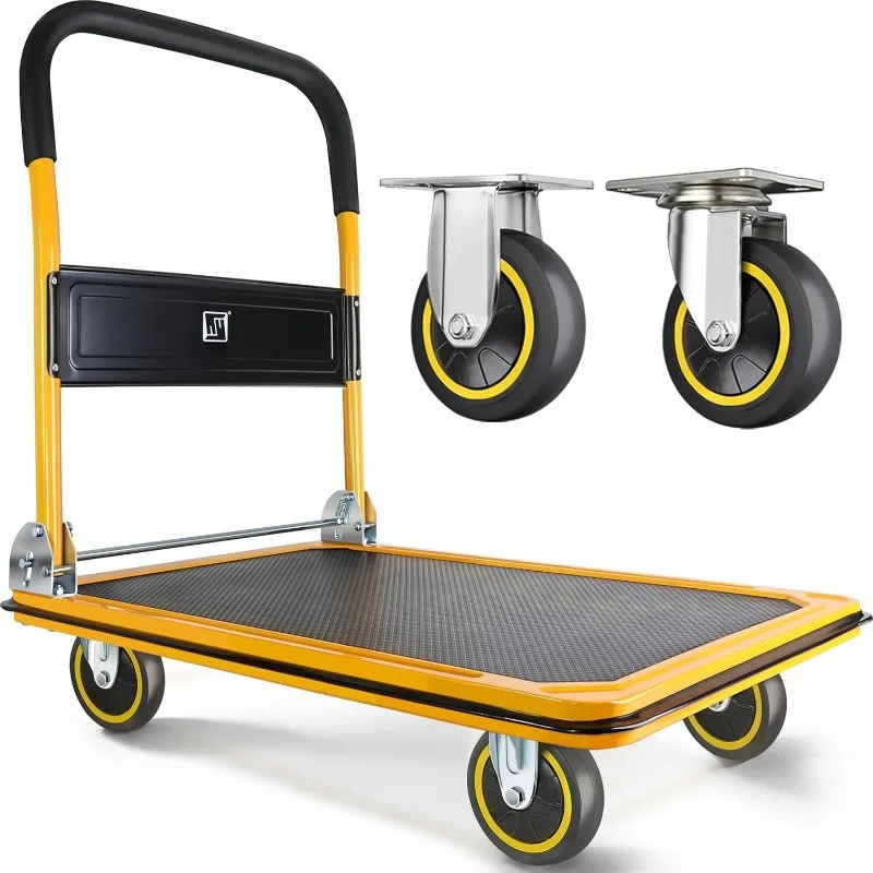 

Push Cart Dolly Ручная тележка с подвижной платформой, складная для удобного хранения и поворотные колеса на 360 градусов желтого цвета