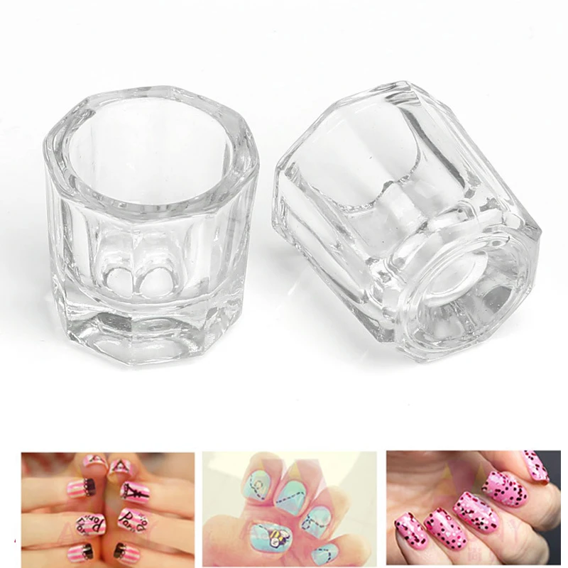 Achteckige Kristall Tasse Mini Kristall Glas Pulver Flüssigkeit Tasse Kein Deckel Glas Nagel Pulver Make-Up Pinsel Reinigung Schüssel Nail art Werkzeug