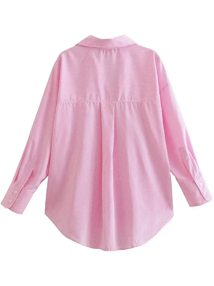 

Women Fashion With Pocket Pink Striped Single Breasted Blouse Vintage Lapel Neck Long Sleeves Female Chic Lady Shirts