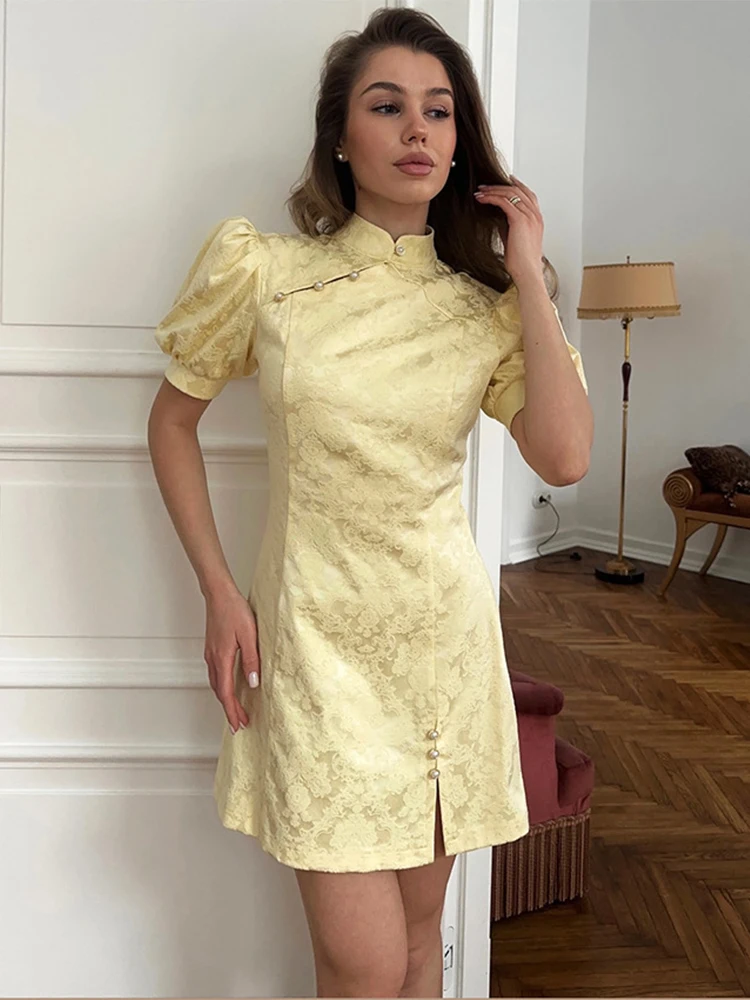 

Trendix Women's Elegant Dress 2026 Summer Chinese Short Sleeve Side Slit Mini Dress High Waist Party Club Retro Evening Dress