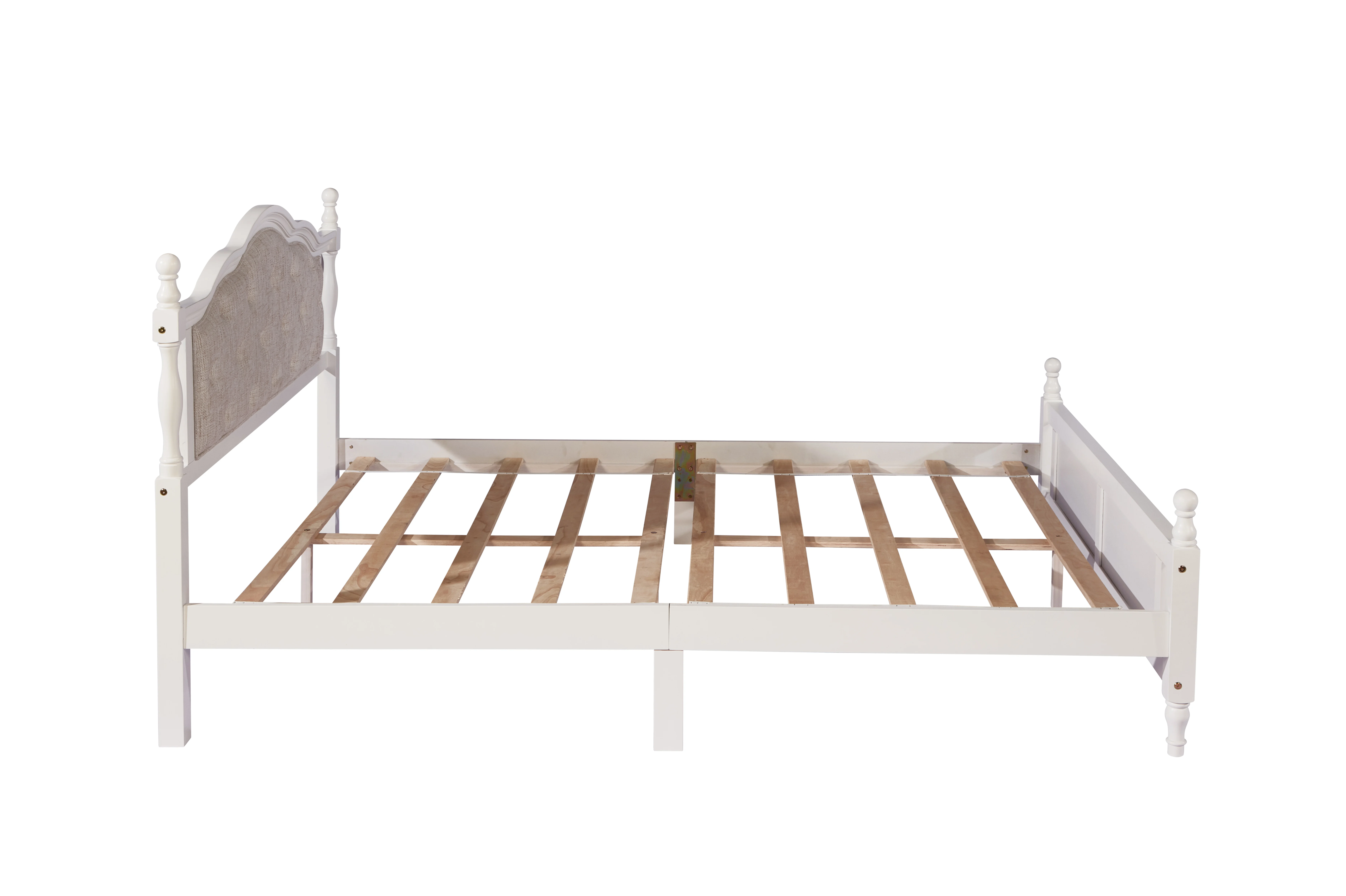 Queen Pine wooden Bed with Upholstered Headboard and Panel Footboard, with Two Bed Rail Support Feet and Central Platform Suppor