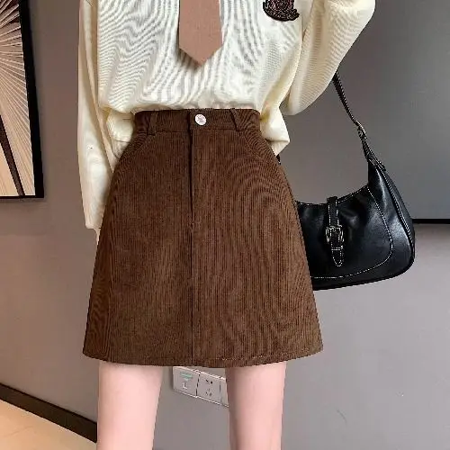 Skirts Women A-line Retro Korean Style Brushed Cotton High-Waist A-Line Slim Fit New Arrival Autumn Campus Ins Feminine Chic