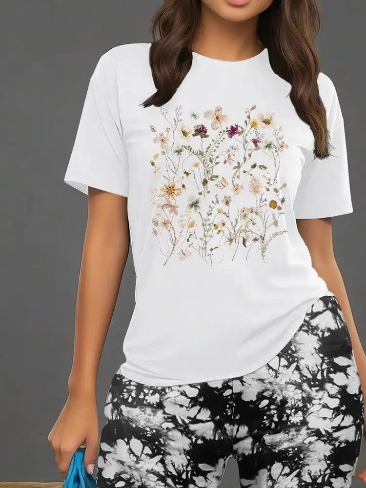 

Flowering Shrubs Printed Women T Shirts Two Piece Set Hip Hop Shorts Sets Casual Soft Summer Clothes Floral Shorts Female