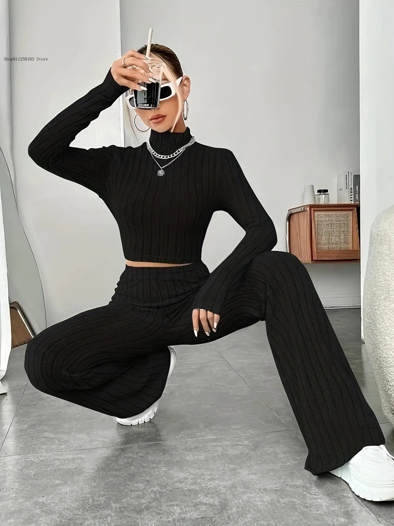 Stretch Matching Suit Outfit Spring Knitted 2 Piece Sets Women Tracksuit Long Sleeve Vintage Sweater Crop Flare Pants