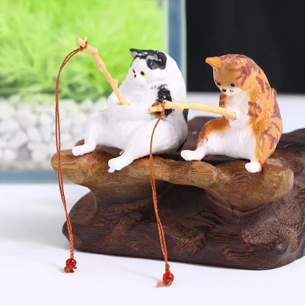 Mini Kitten Fishing Ornament Handicraft Craft Aquarium Tanks Decor Cute Cat Statue Micro-landscape Fish Tank Decoration