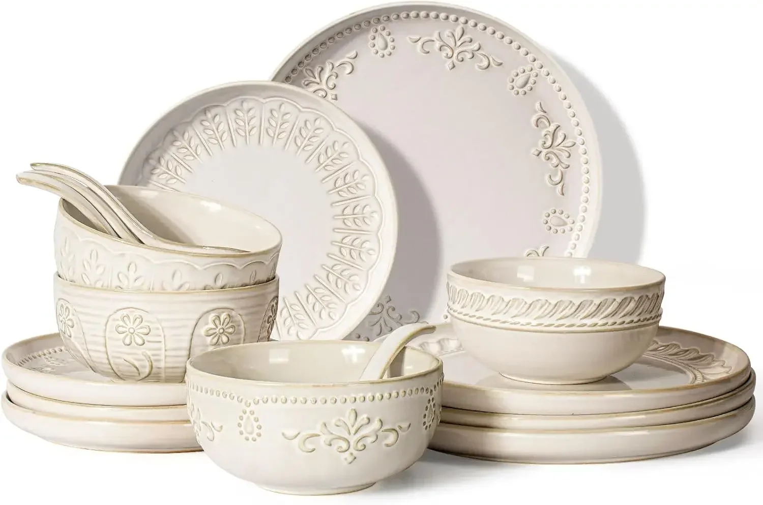 

ArtenaPlatesAndBowlsSets,16PiecesDinnerwareSets,DishSetFor4,CeramicKitchenBowlAndPlateSet,EmbossedWhiteDishwareSets,Dishwasher&M