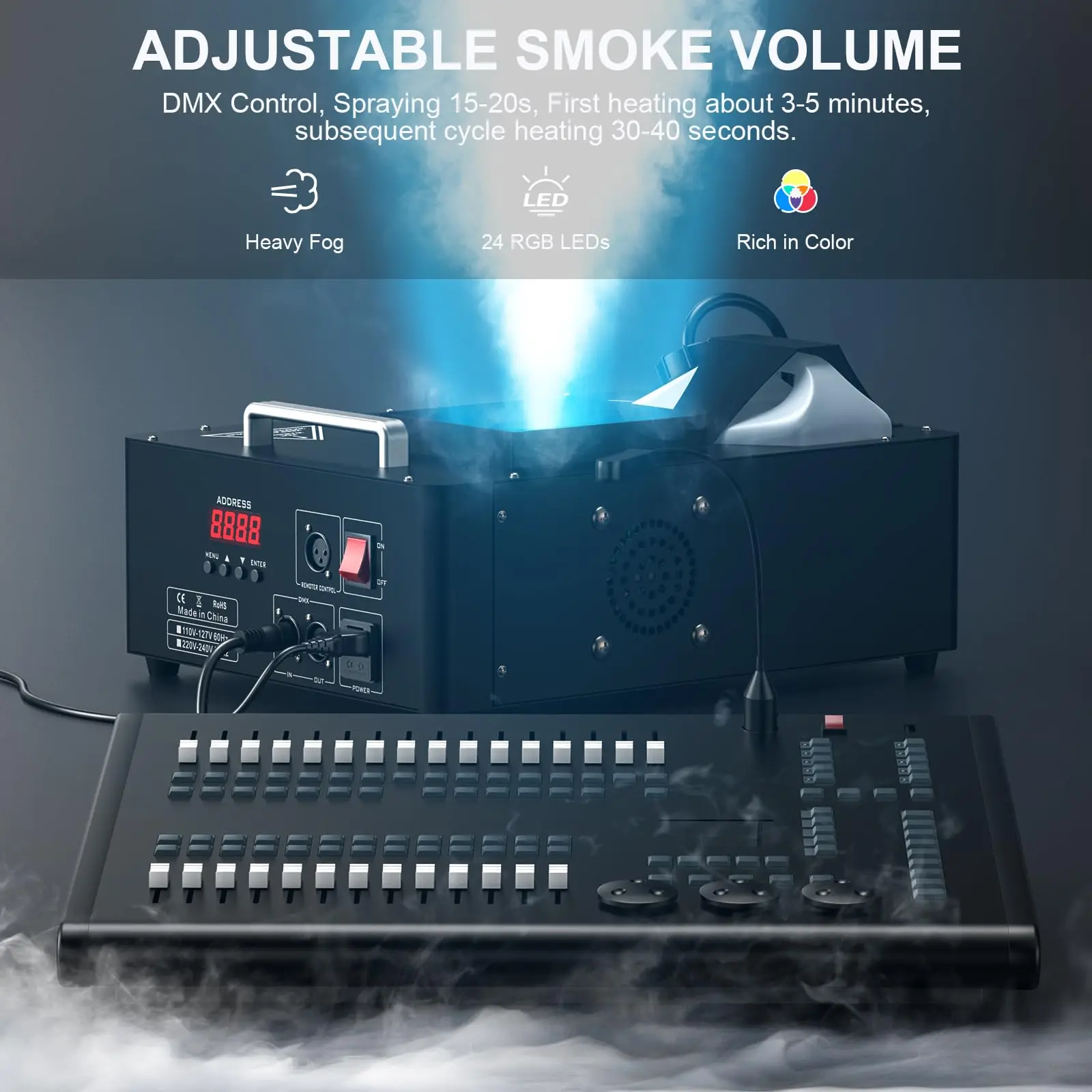 1500W LED Fog Machine Remote Control Vertical Smoke Machine with 24LED RGB Disco Dj Stage Light for Wedding Night Club Party