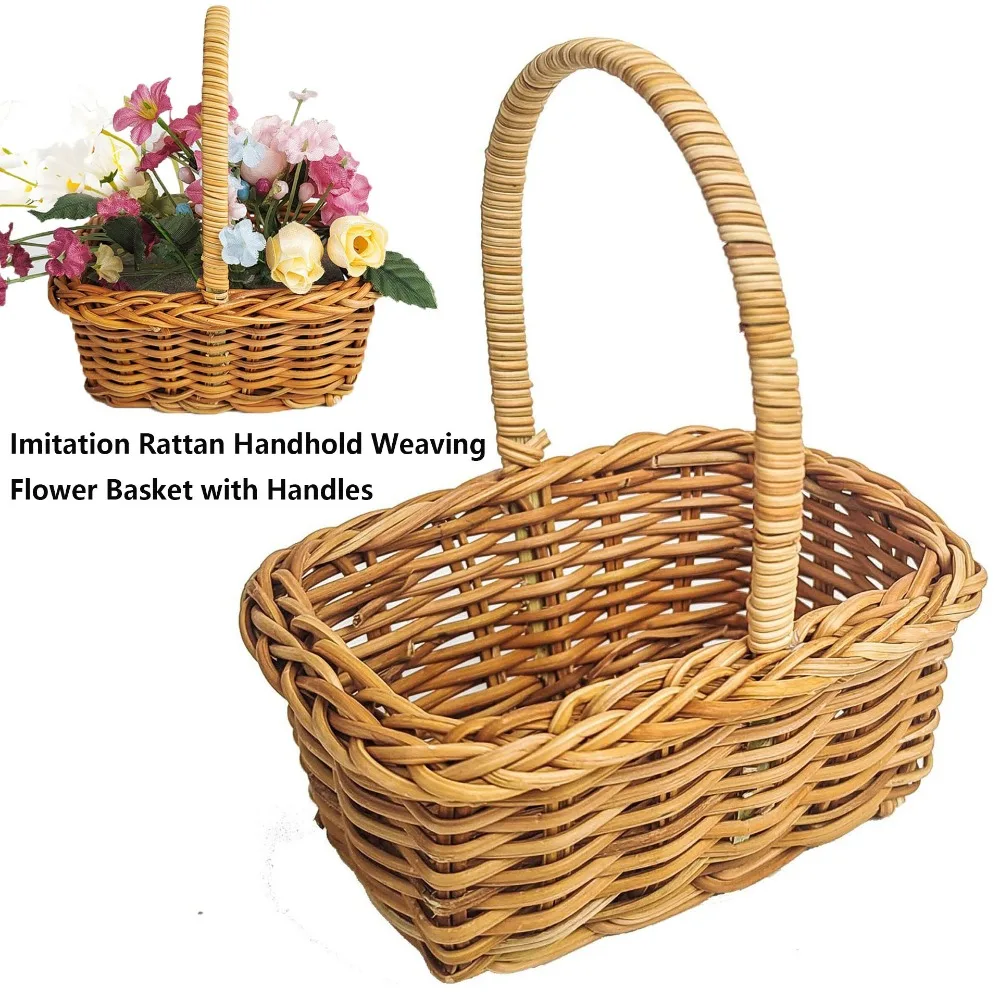 with Handle Imitation Rattan Handhold Handwoven 2 Styles Braid Storage Baskets Household Weaving Flower Basket