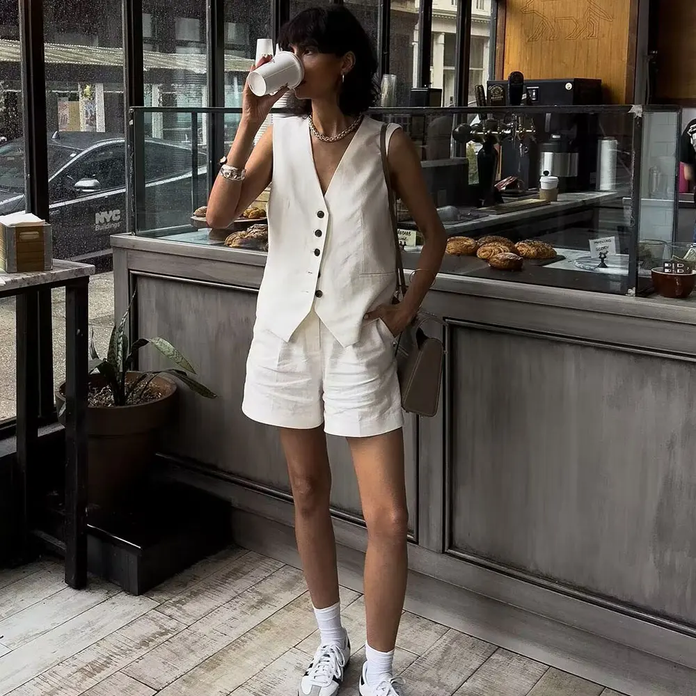 DUOPERI Women 2 Pieces Sets Plain Linen Tops Vest and Shorts Chic Lady Casual Basic Business Waistcoat and Shorts Coordinates