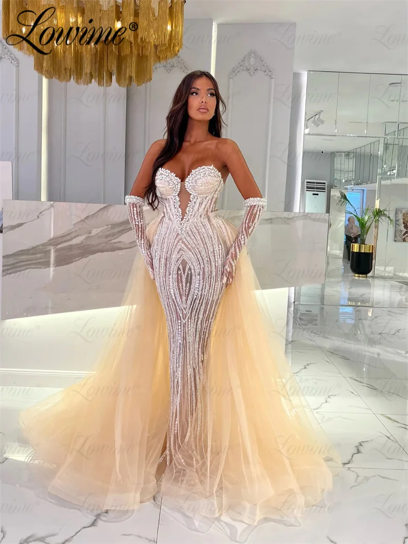 2 In 1 Party Second Reception Evening Dresses For Women Pink Blue Aso Ebi Crystals Long Mermaid Prom Dress With Gloves 2024 Robe