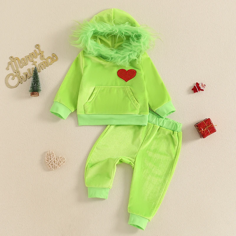 Baby Girls 2-piece Outfit Long Sleeve Hooded Furry Patchwork Heart Sweatshirt with Sweatpants Christmas Clothes