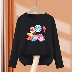 Little Girl Lollipop T-shirt Autumn Long Sleeved Tops Candy Cartoon Clothes Casual Round Neck Cotton Tees 3-14Y