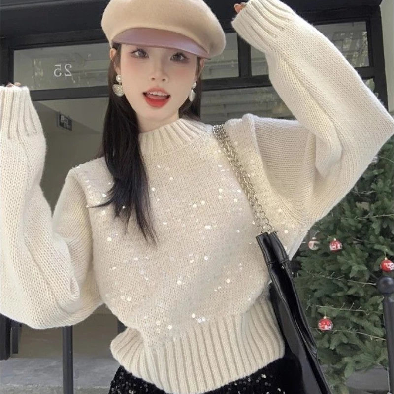 2024 Winter New French Style Glitter Sweater for Women Short Autumn and Winter New Korean Fashionable Versatile Knitted Top