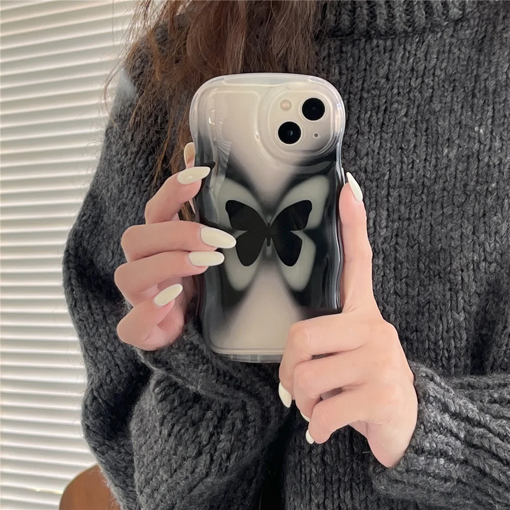 Capa de telefone macia clara para iPhone, pulseira de corrente borboleta preta bonita, capa protetora para iPhone 12, 11, 13, 14 Pro Max, 13Pro Max, Coréia