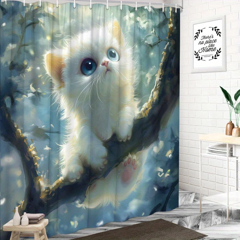 

1pc Fluffy White Kitten Shower Curtain - Branch, Blue Eyes, Dreamy Forest, 70.8x70.8", Polyester, Washable, 12 Hooks