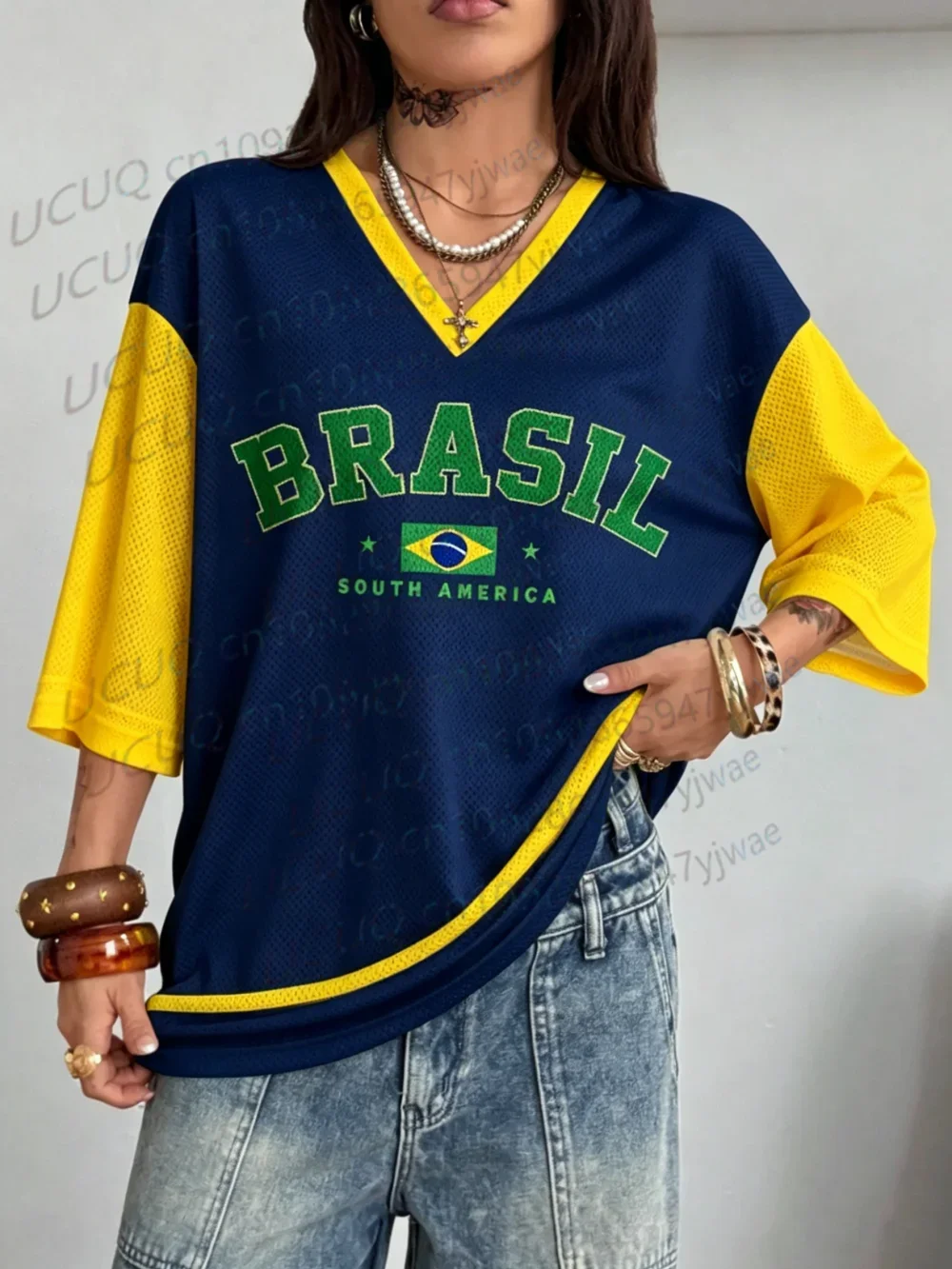 Summer Women's Y2K Brazil Graphic Print Tee Plus Size Short Sleeve Summer Casual Streetwear Top Hole Mesh Jerseys