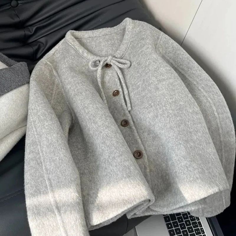 

Korean Fashion Lace Up Crop Coats Women Autumn New Button Harajuku Sweet Outwear Preppy Loose Casual O Neck Elegant Tops