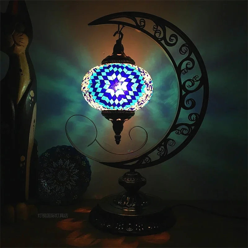 Vintage ethnic style bedroom living room dining room cafe hotel handmade mosaic glass turkey moon table lamp