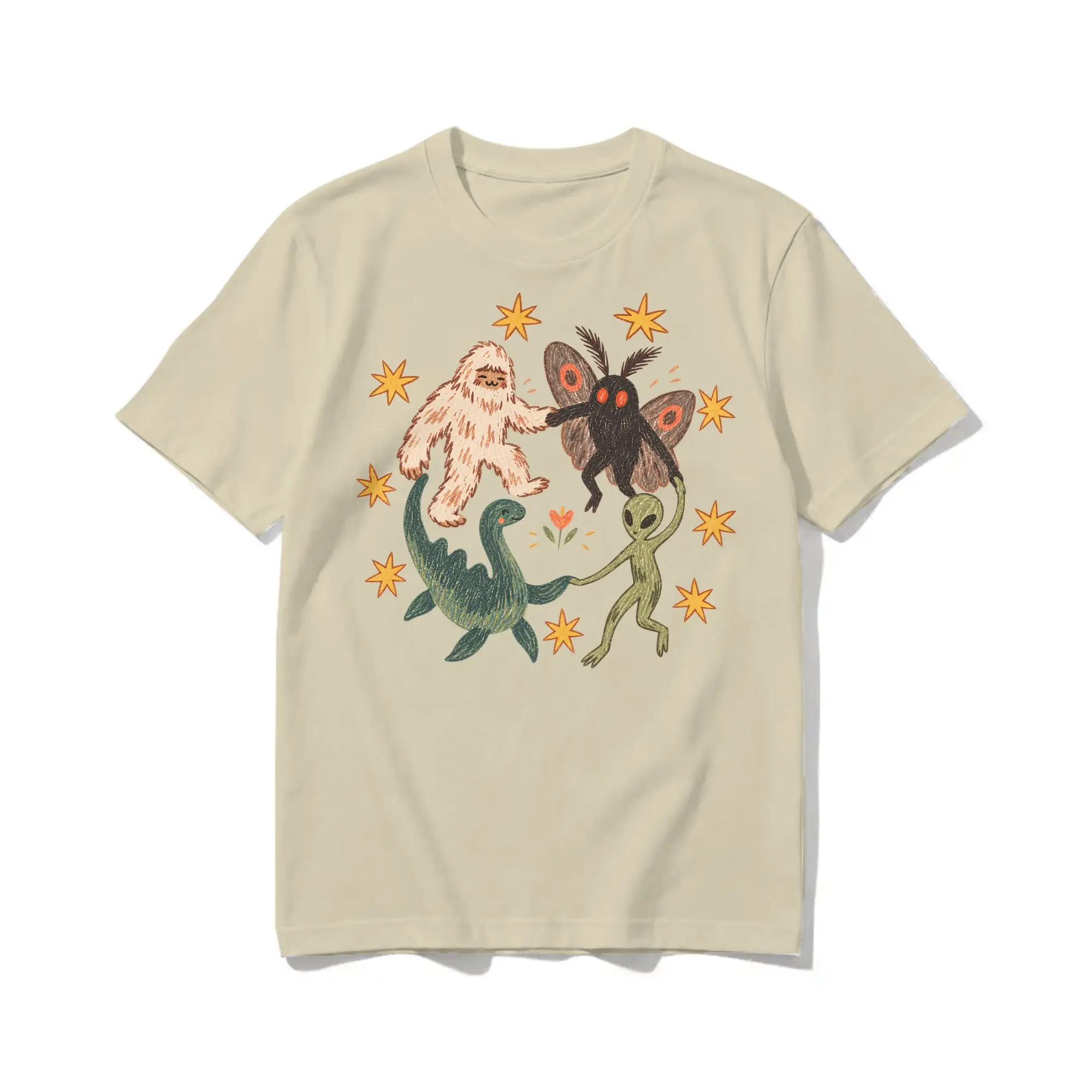 Dancing Cryptids T Shirts Men Pure Cotton Vintage T-Shirts Bigfoot Alien Mothman Loch Ness Tee Shirt Short Sleeve Clothing