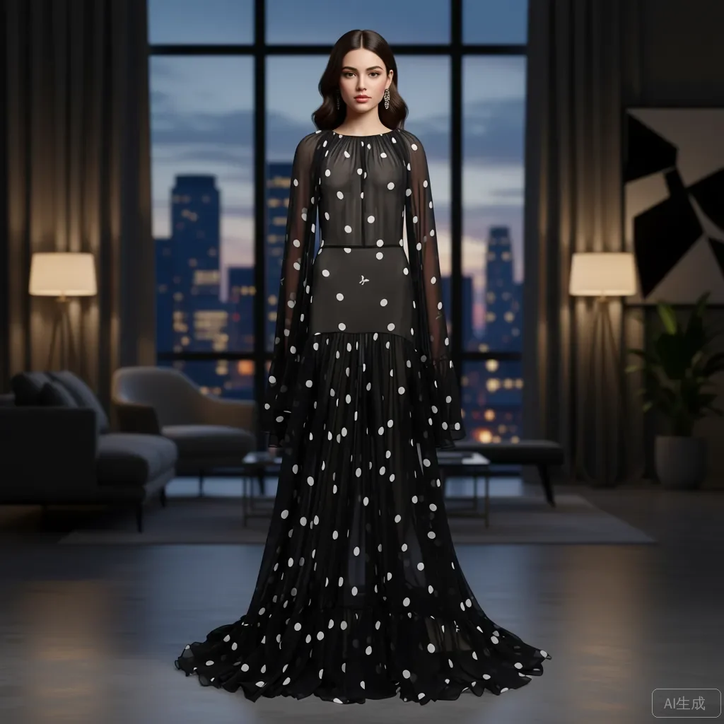 

Sheer Black Polka‑Dot Evening Gown with Bell Sleeves Ruffled Hem High Neck Party Maxi Cocktail Dresses 2026 Trending