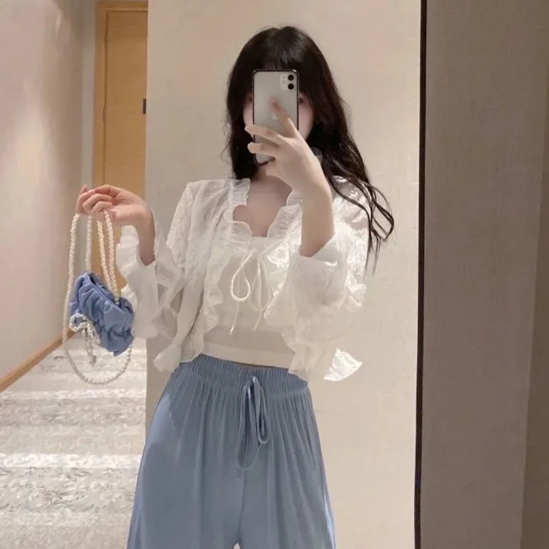 Chiffon Cardigan Women Korean Style Summer New Office Lady Ruffles Solid Color Flare Sleeve Lace-up Versatile Short Tops Female