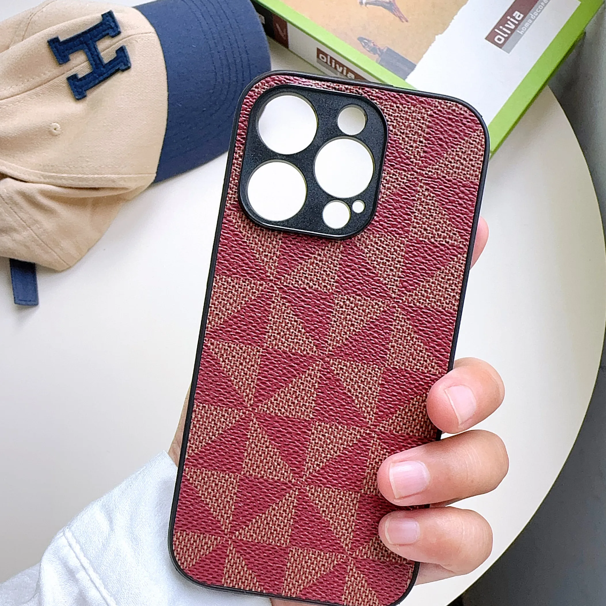 

Luxury geometric Triangular pattern PU leather Case for iPhone 16 15 14 Phone Cover 13 12 11 Pro MAX Hard Shockproof Back Funda