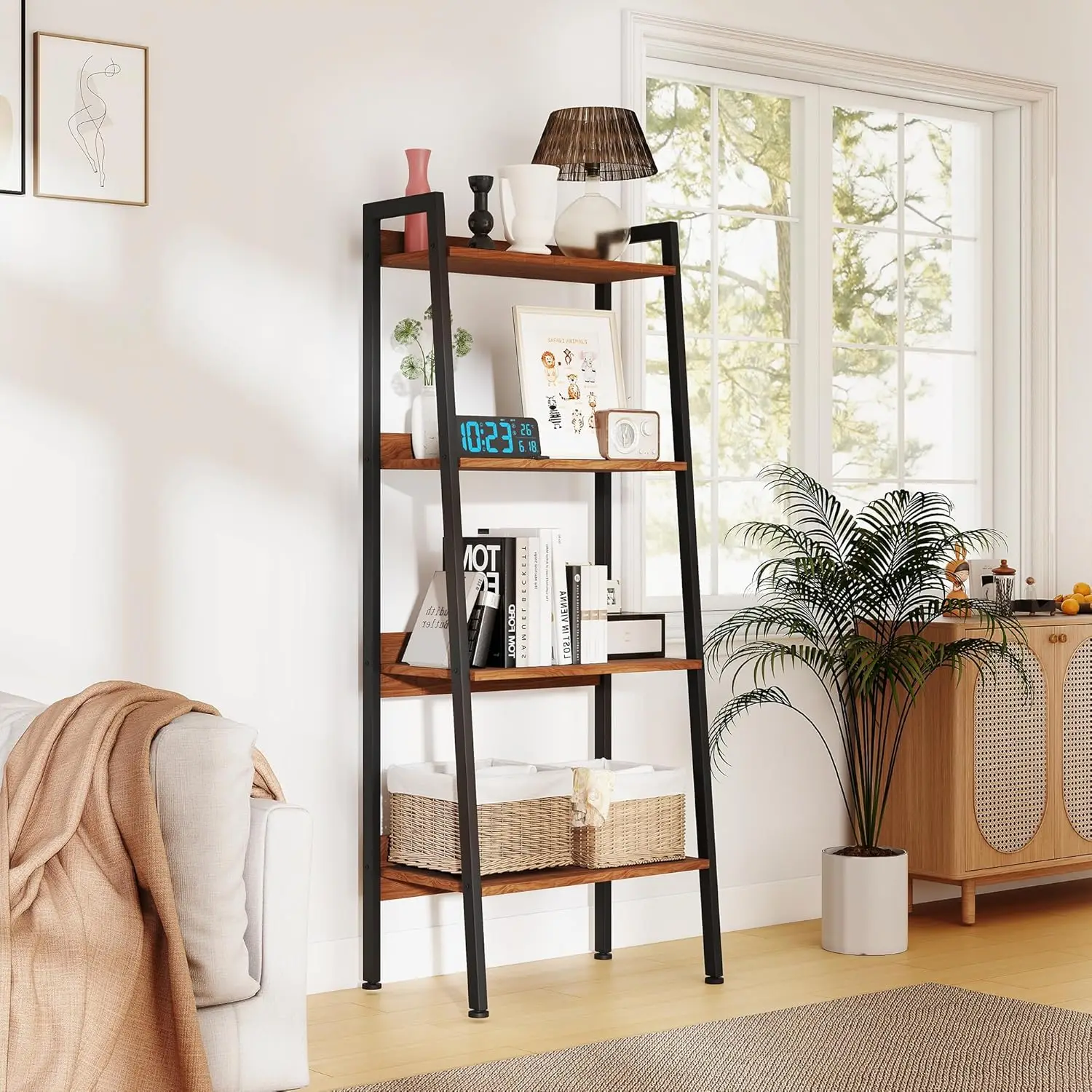 4 Tier Ladder Shelf 22in Wide Tower Storage Steel Frame Anti Tip Books Plants Kitchen Living Office Walnut, Customized