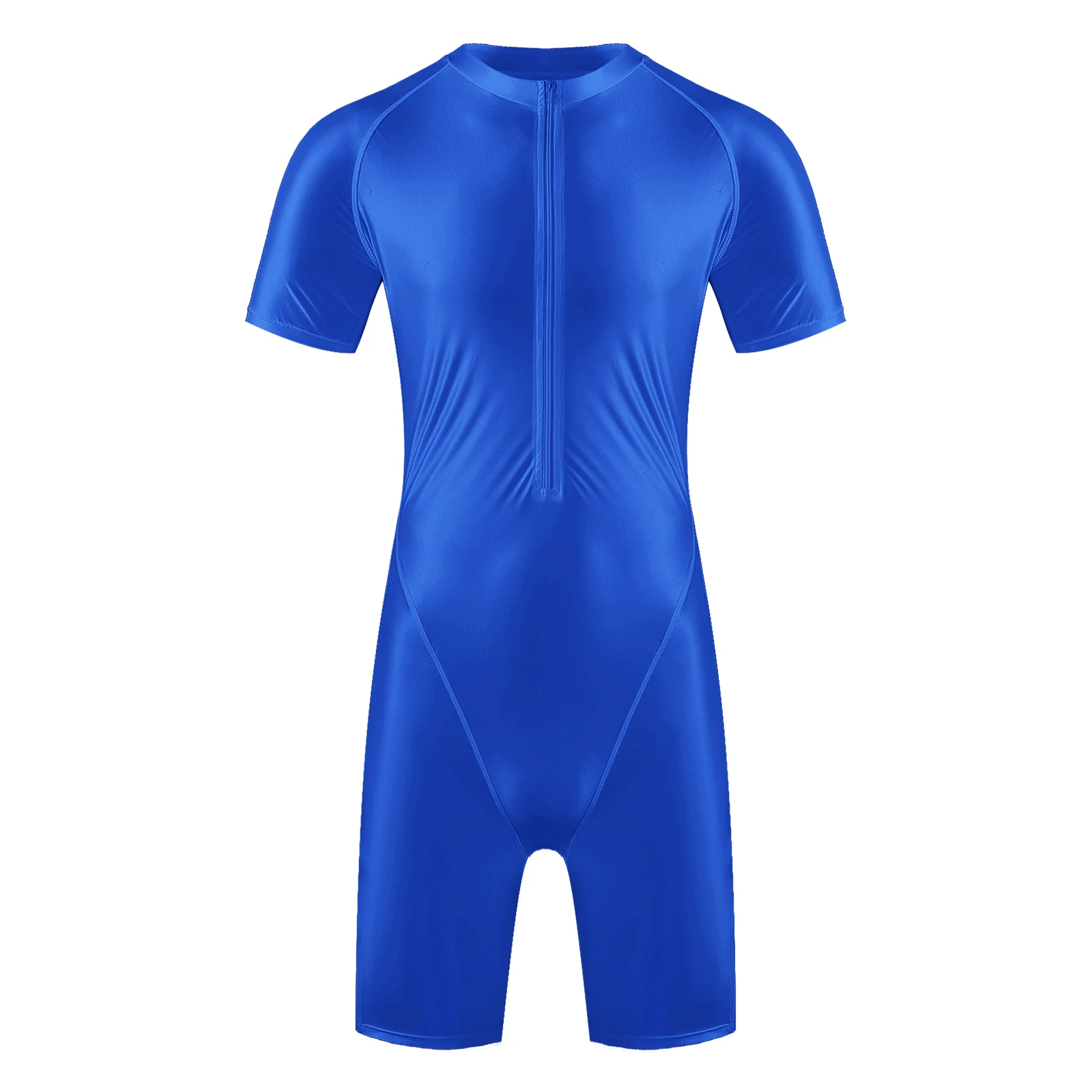 Men Glossy One-Piece Swimsuit Short Sleeve Zipper Jumpsuit Solid Color Bodysuit Surfing Swimwear Beachwear Gym Fitness Sportwear