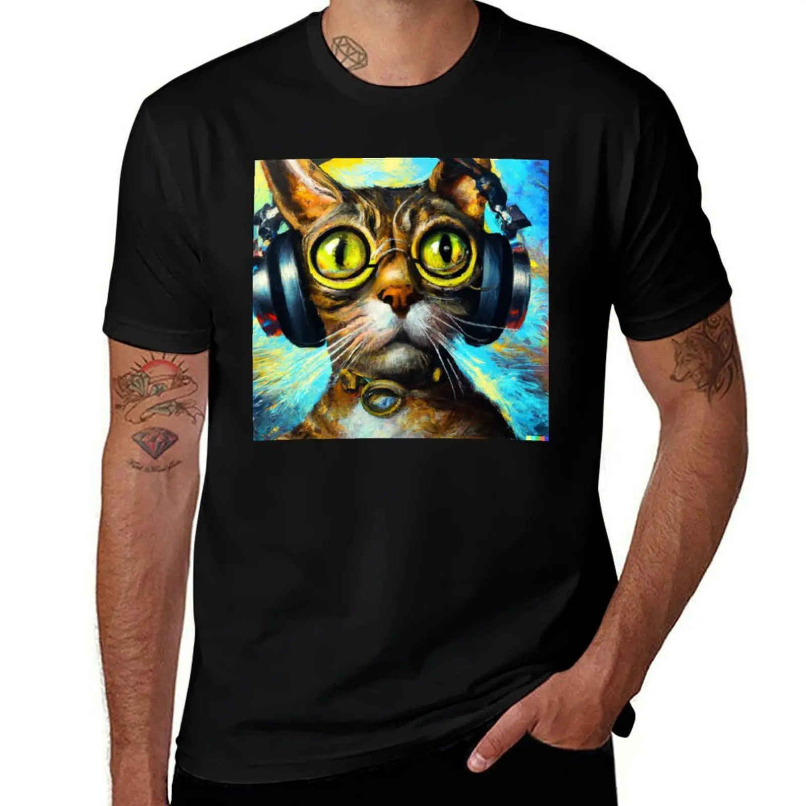 AI Generated Art, DJ Cat in a Headset T-Shirt Work Outdoor Short Sleeve Tee T-Shirt