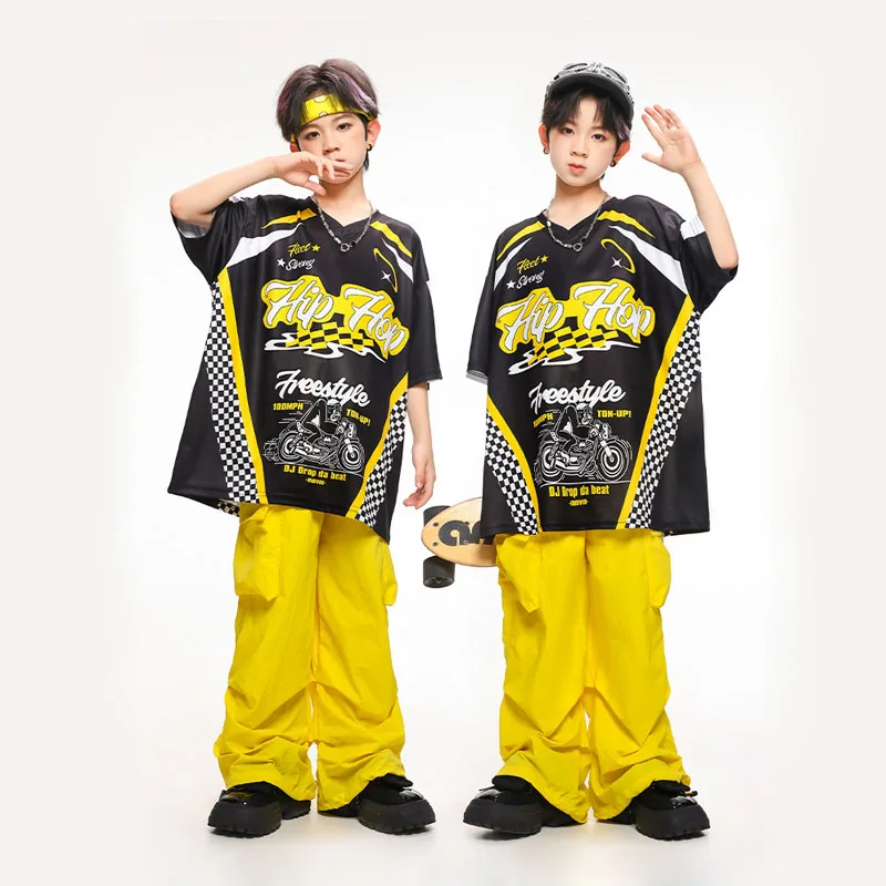 Kid Cool Hip Hop Clothing Black Print V Neck T Shirt Yellow Casual Wide Cargo Pants for Girl Boy Jazz Dance Wear Costume Clothes