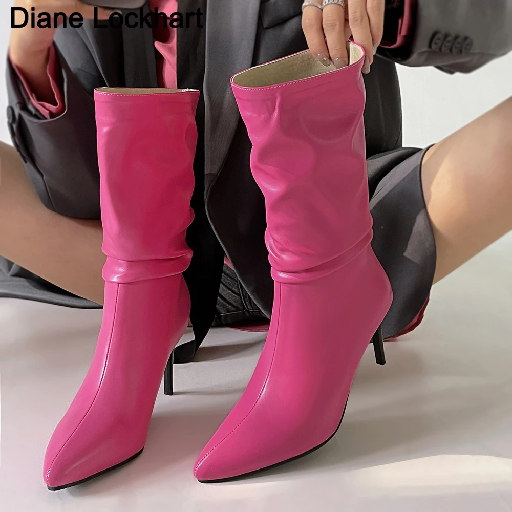 Sexy Rose Red Silver Pleated Mid-calf Boots Women Thin Heels Pointed Toe Dress Shoes Ladies Folded Middle Stilettos Ankle Boots