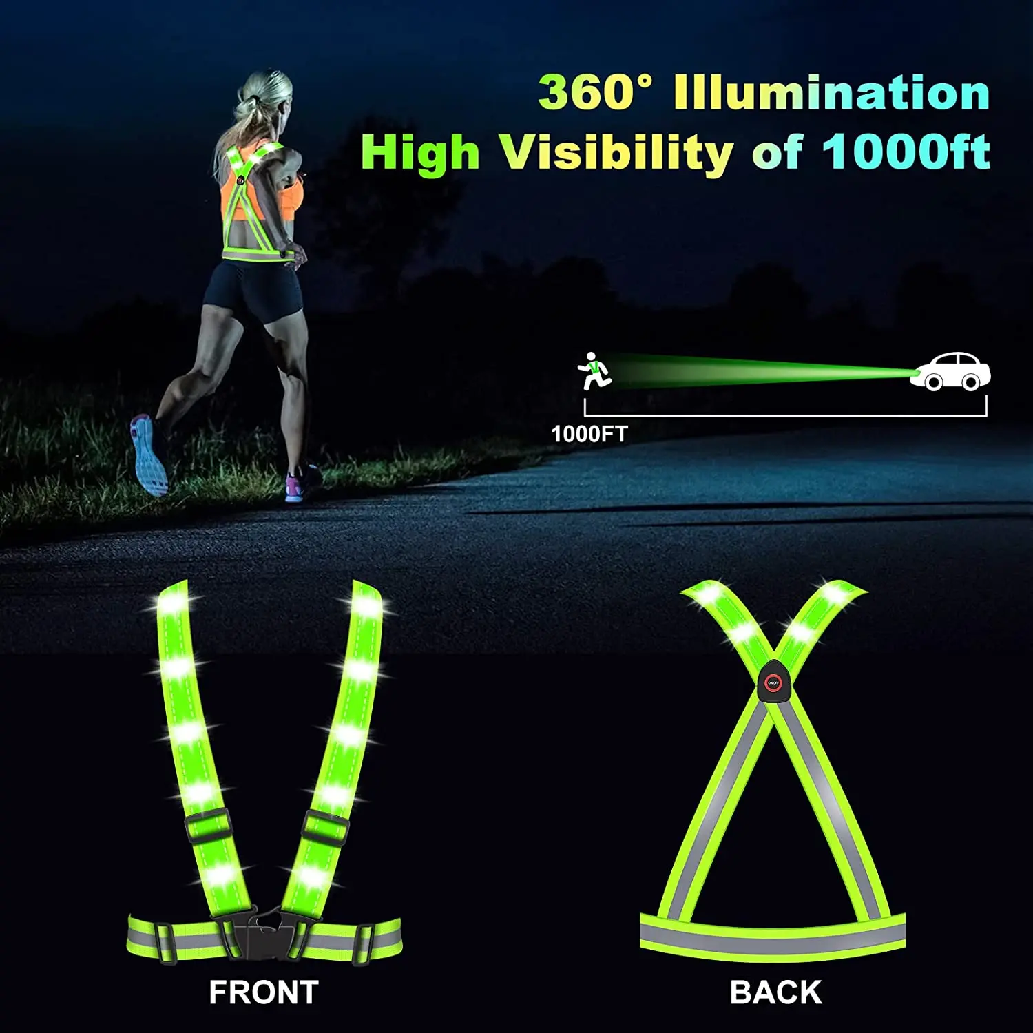 LED Reflective Vest Waterproof Adjustable USB Rechargeable Safety Vest for Women Men Night Running Jogging Walking Cycling Motor