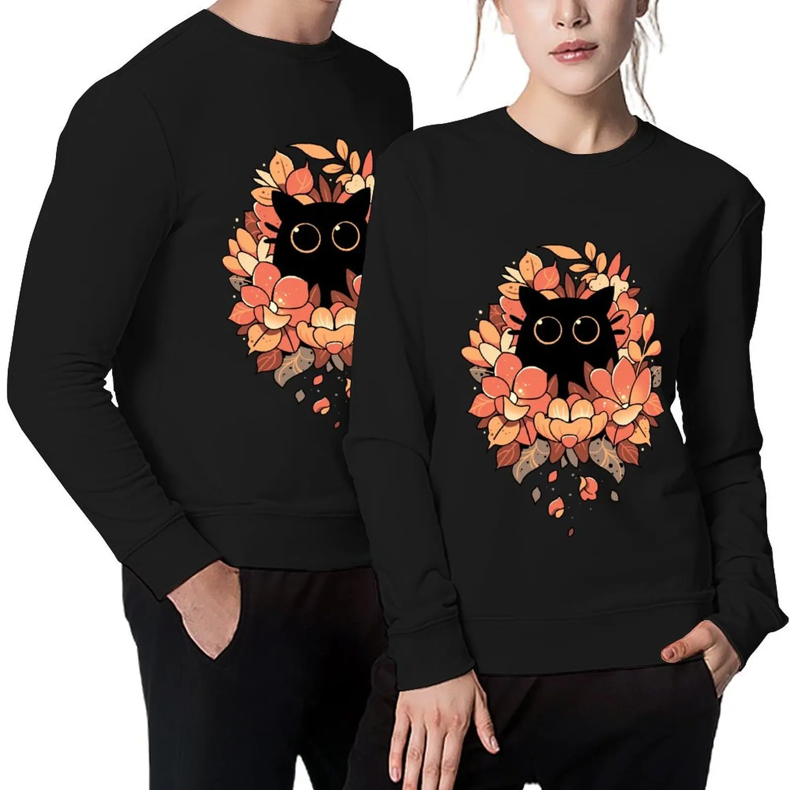 

Feline Spy - Cute Floral Black Cat Pullover winter clothes men's autumn clothes japanese style sports sweatshirt man