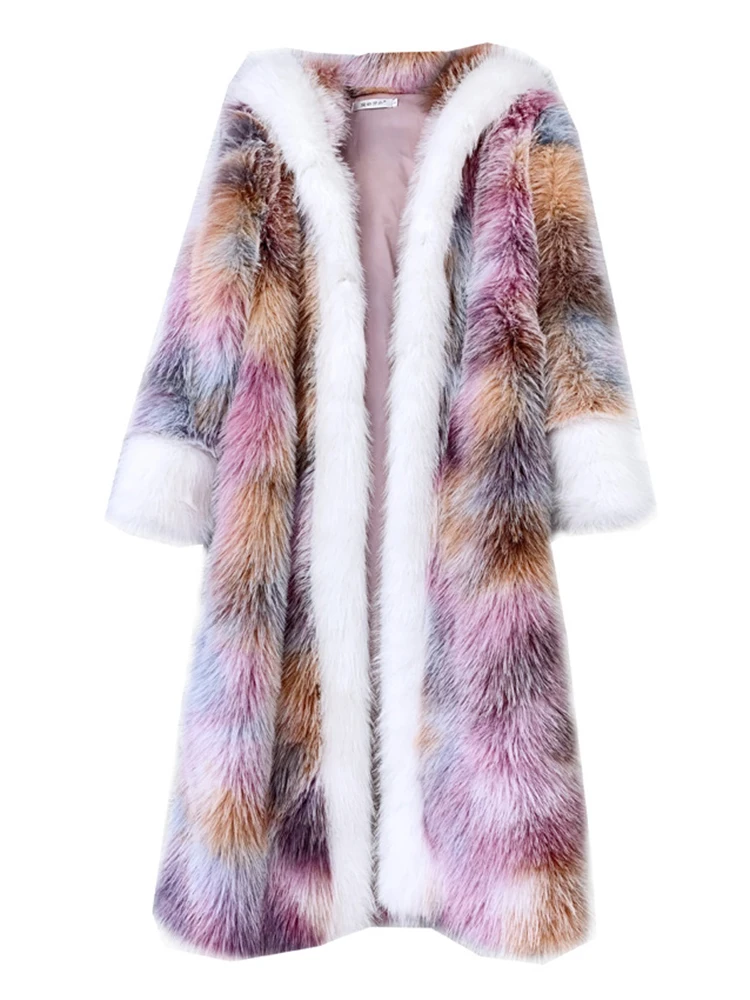 DEAT Fashion Tie Dye Pink Faux Fur Coat Women\'s Hooded Loose Long Sleeve Thick Plush Overcoat Winter 2024 New Tide 7AB6313