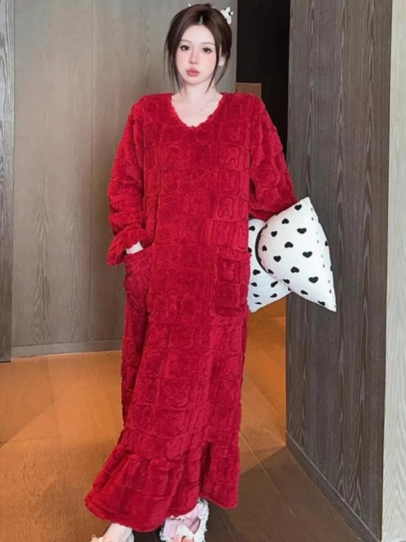 

X-Long Coral Fleece Nightgown For Women In Autumn And Winter Sweet V-Neck Thick Warm Sleepwear Casual Dress W1099