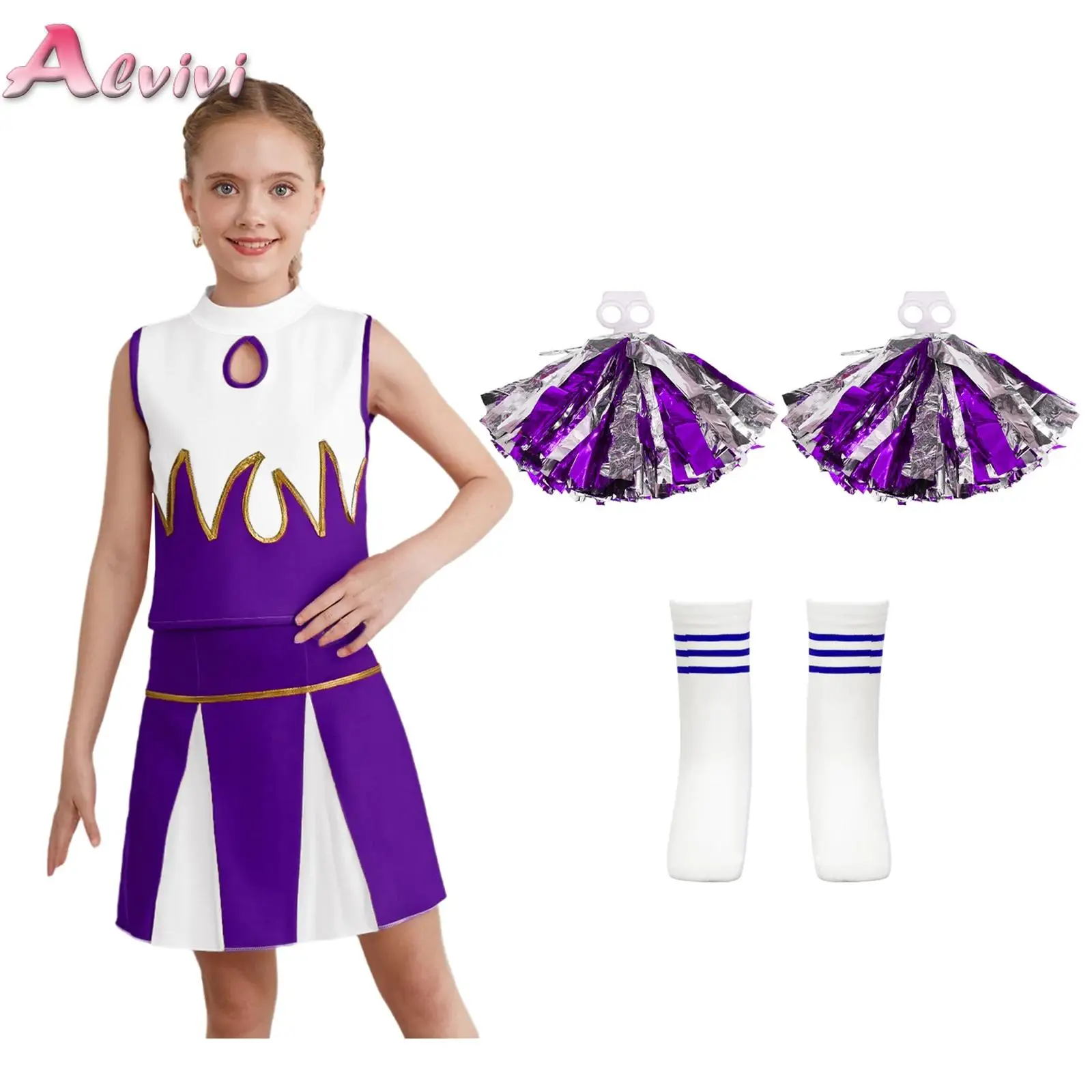 

Girls Cheerleader Costume Outfit Set Halloween Cheerleading Fancy Dress Up for Birthday Party Cheer Uniform School Performance