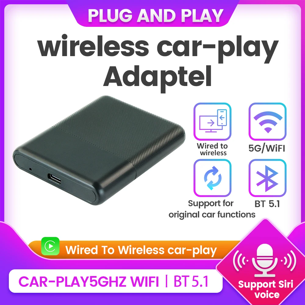 Mini Ai BOX Wired To Wireless CarPlay Android Auto Plug and Play 5G Hz Wifi BT5.1 Support Bluetooth Siri Voice Keep Car Control