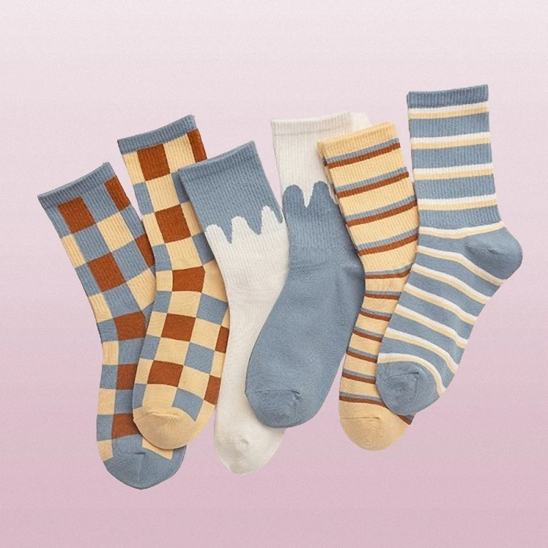 2024 New 5/10 Pairs Blue Plaid Socks Women Autumn And Winter Mid-tube Socks Cream Striped Cotton Socks British Style Socks