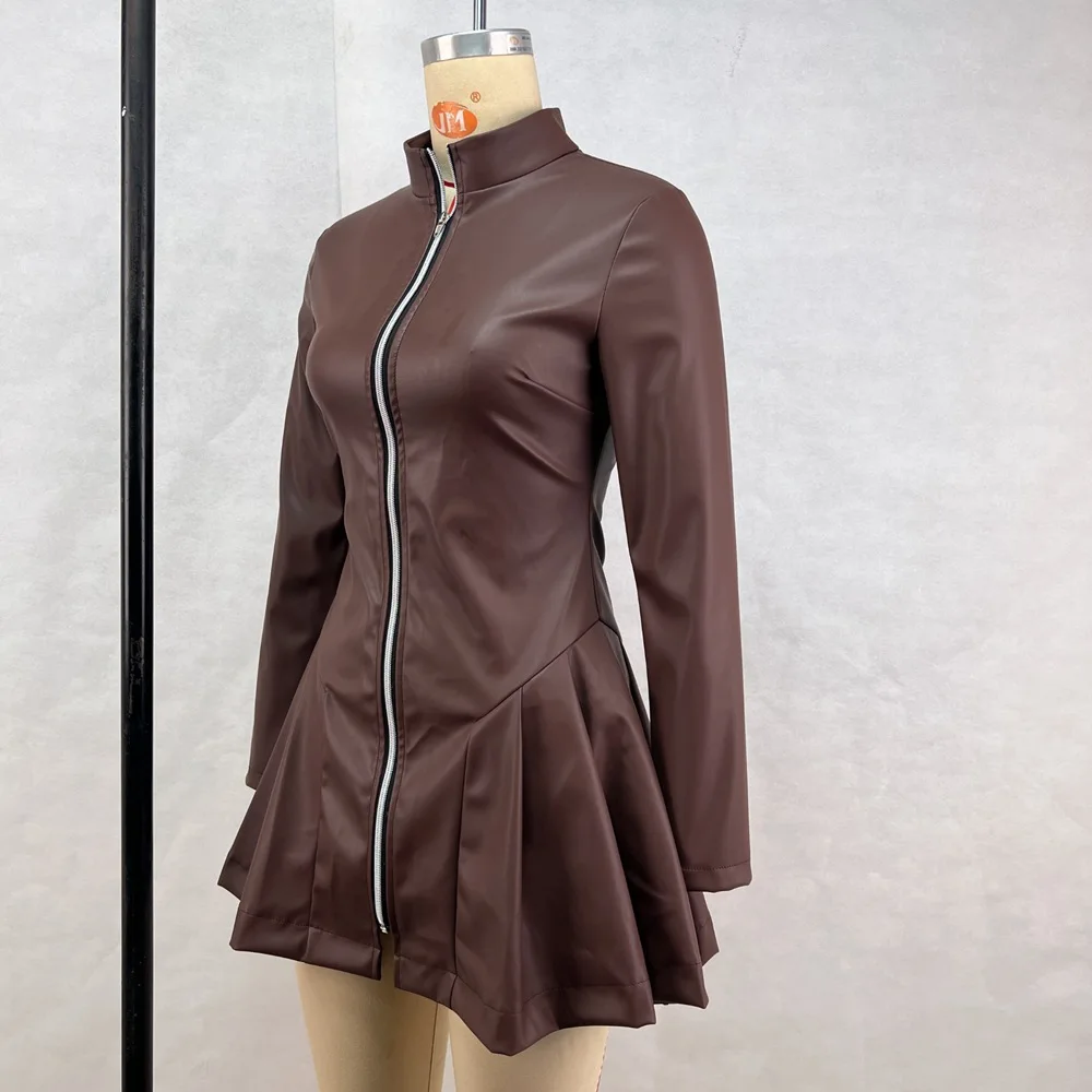 Zeyla-vestido de manga larga de cuero PU, cuello alto, cremallera frontal, dobladillo plisado, corte ajustado, informal, uso diario, trajes de fiesta a la moda
