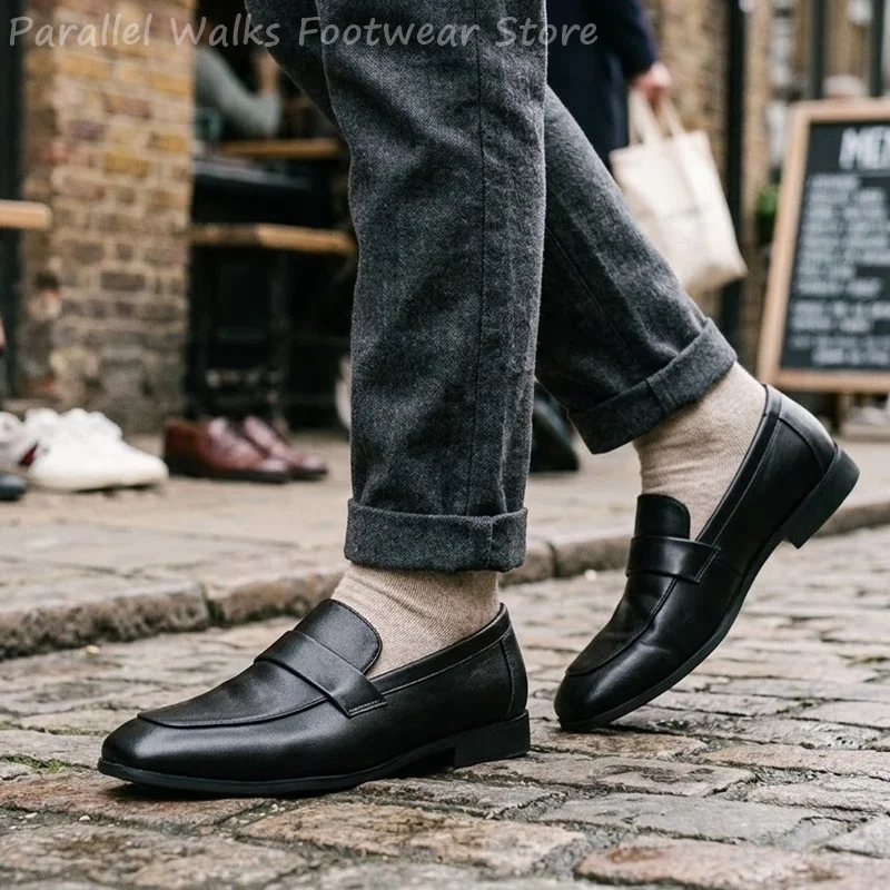 Men Black Leather Penny Loafers Slip-On Apron Toe Business Dress Shoes Casual Formal Driving Flats Office Footwear Men's Shoes