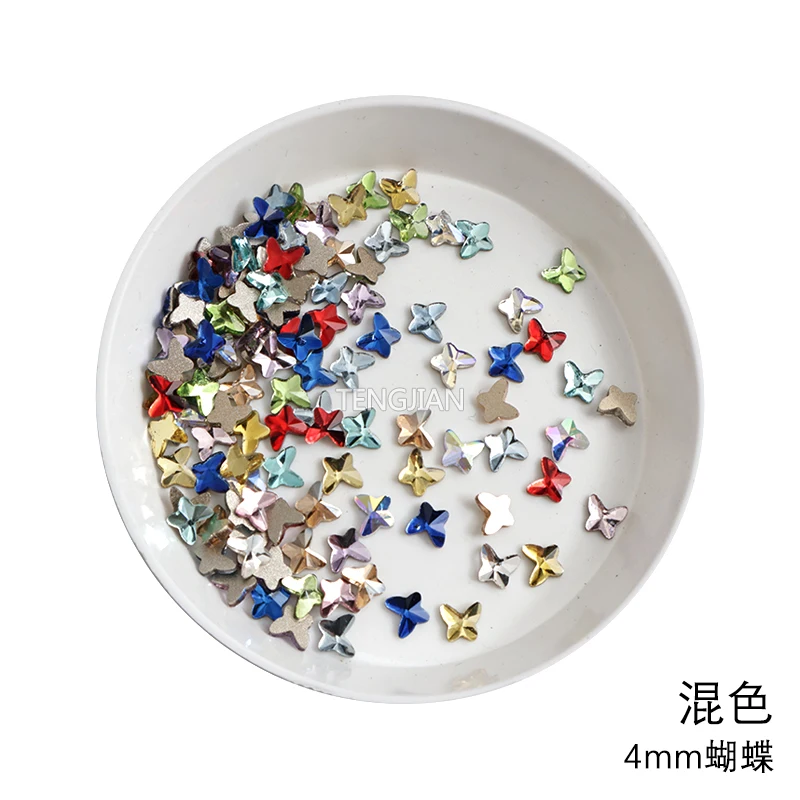 Mini 4MM Flat Back Butterfly Nail Art Rhinestones 12Color Glass Crystals Stone DIY Manicure Decorations Diamond 100pcs