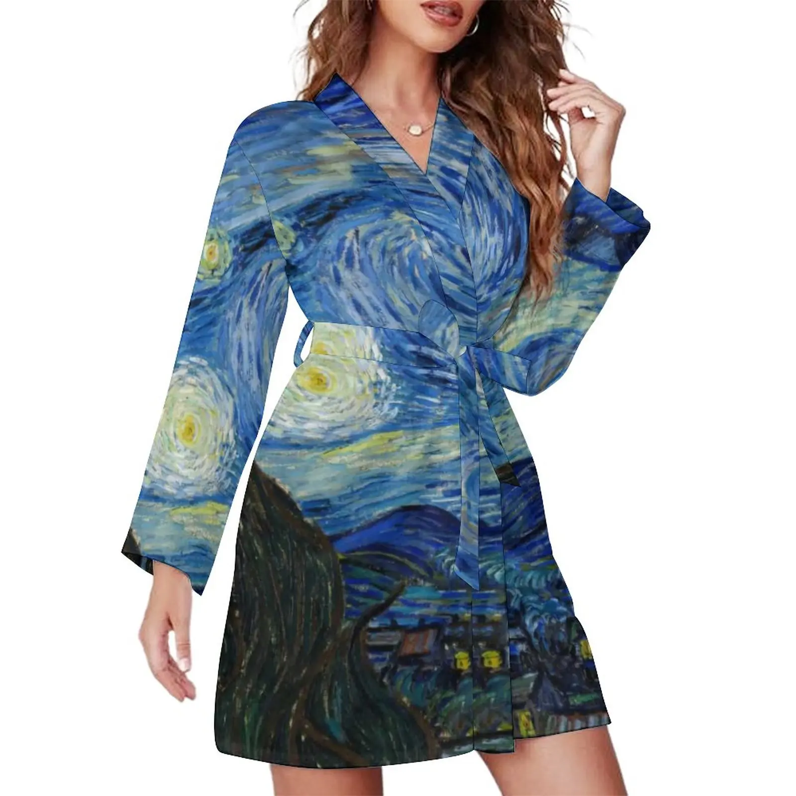 

Star Van Gogh Pajama Robe The Starry Night Impressionism Sleep Pajamas Robes Woman V Neck Elegant Nightgown Day Graphic Dresses