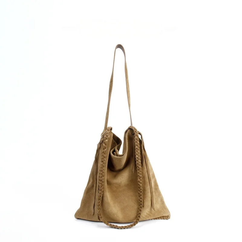 Vintage Genuine Suede Cowhide Fringe Tote Bag Women Daily Casual Braided Strap Drawstring Large Shoulder Handbag