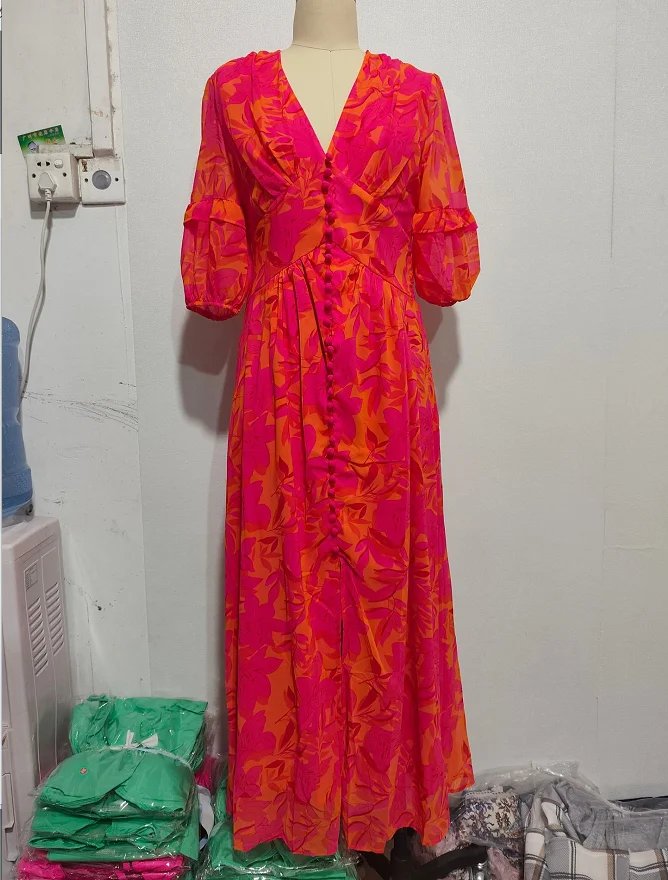 Bohemian Vacation Style Women's V-Neck Short Sleeved Chiffon Dress High Waist Slit Flower Print Temperament Casual Long Dresses